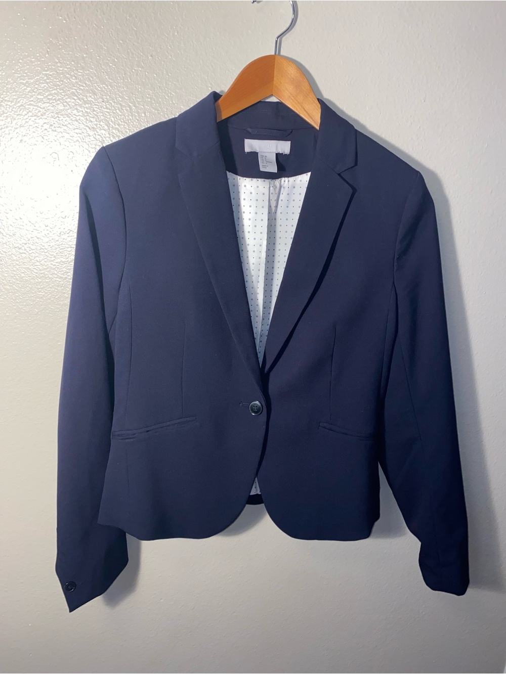 H&M Navy Blue One-Button Blazer Jacket Size 6 Dotted Lining Corporate Work